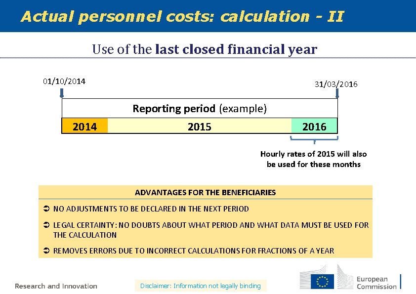 Actual personnel costs: calculation - II Use of the last closed financial year 01/10/2014 Actual personnel costs: calculation - II Use of the last closed financial year 01/10/2014