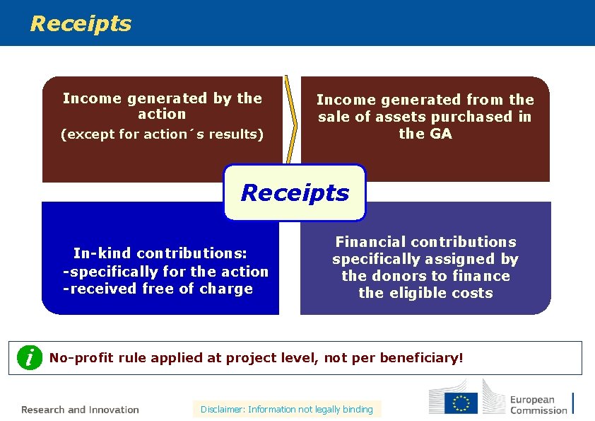 Receipts Income generated by the action (except for action´s results) Income generated from the Receipts Income generated by the action (except for action´s results) Income generated from the