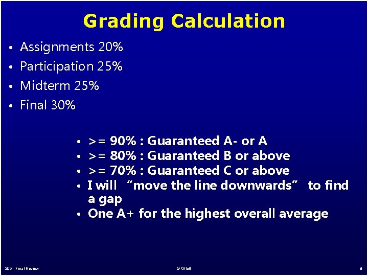 Grading Calculation • Assignments 20% • Participation 25% • Midterm 25% • Final 30%
