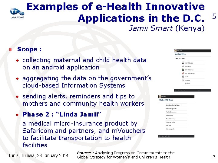 Examples of e-Health Innovative Applications in the D. C. 5 Jamii Smart (Kenya) Scope