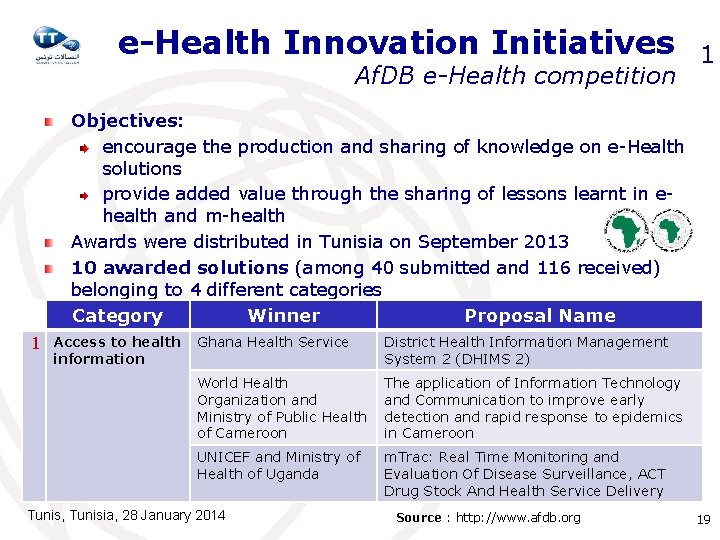 e-Health Innovation Initiatives Af. DB e-Health competition 1 Objectives: encourage the production and sharing