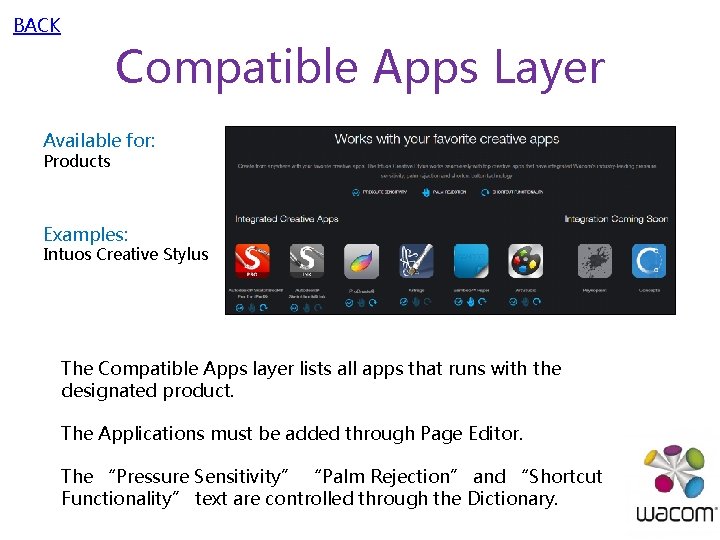 BACK Compatible Apps Layer Available for: Products Examples: Intuos Creative Stylus The Compatible Apps