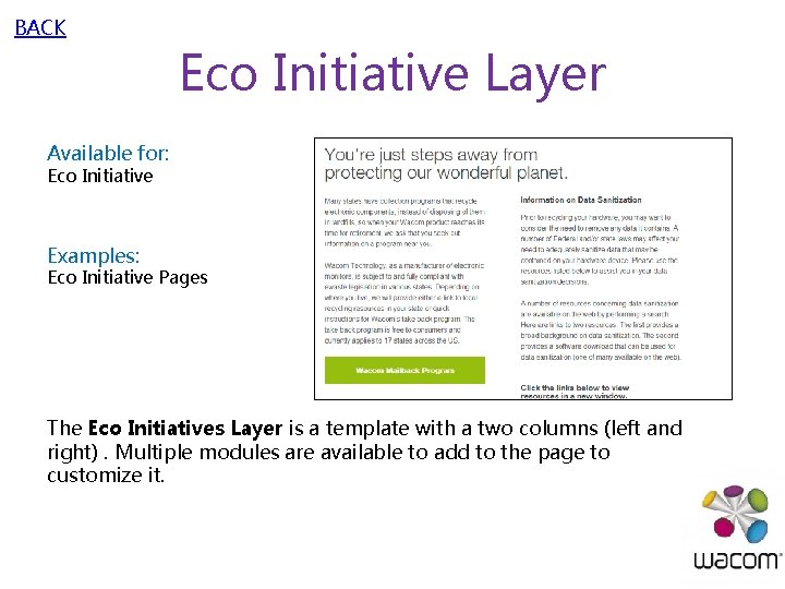 BACK Eco Initiative Layer Available for: Eco Initiative Examples: Eco Initiative Pages The Eco