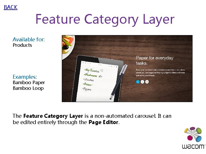 BACK Feature Category Layer Available for: Products Examples: Bamboo Paper Bamboo Loop The Feature