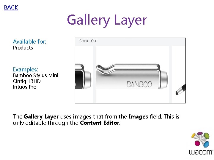 BACK Gallery Layer Available for: Products Examples: Bamboo Stylus Mini Cintiq 13 HD Intuos