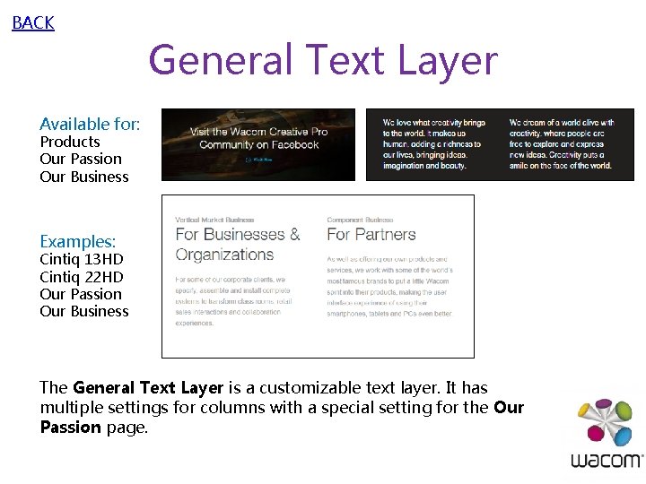 BACK General Text Layer Available for: Products Our Passion Our Business Examples: Cintiq 13