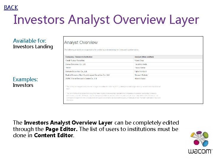 BACK Investors Analyst Overview Layer Available for: Investors Landing Examples: Investors The Investors Analyst