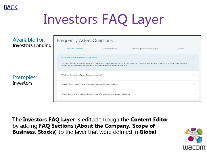 BACK Investors FAQ Layer Available for: Investors Landing Examples: Investors The Investors FAQ Layer