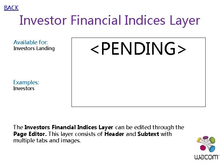 BACK Investor Financial Indices Layer Available for: Investors Landing <PENDING> Examples: Investors The Investors