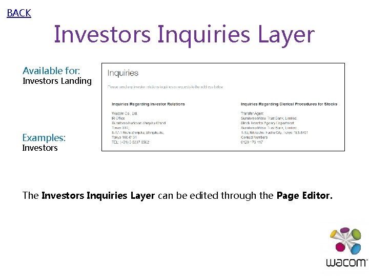 BACK Investors Inquiries Layer Available for: Investors Landing Examples: Investors The Investors Inquiries Layer