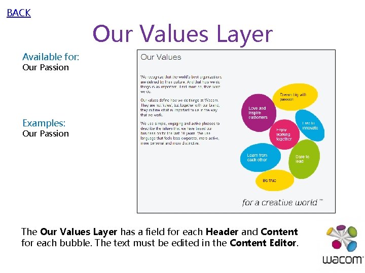 BACK Our Values Layer Available for: Our Passion Examples: Our Passion The Our Values