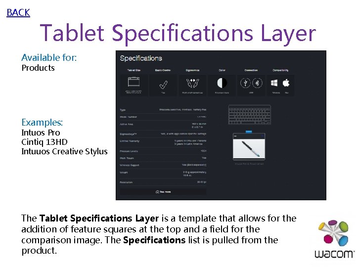 BACK Tablet Specifications Layer Available for: Products Examples: Intuos Pro Cintiq 13 HD Intuuos