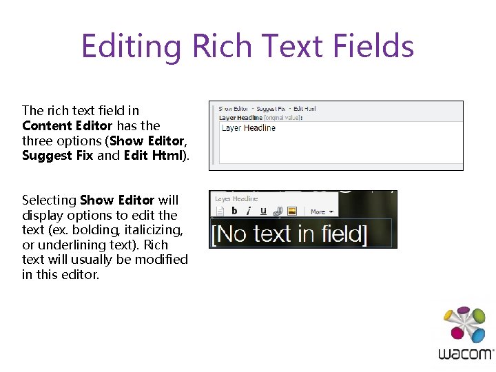 Editing Rich Text Fields The rich text field in Content Editor has the three