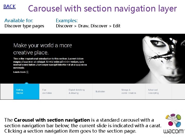 BACK Carousel with section navigation layer Available for: Discover type pages Examples: Discover >