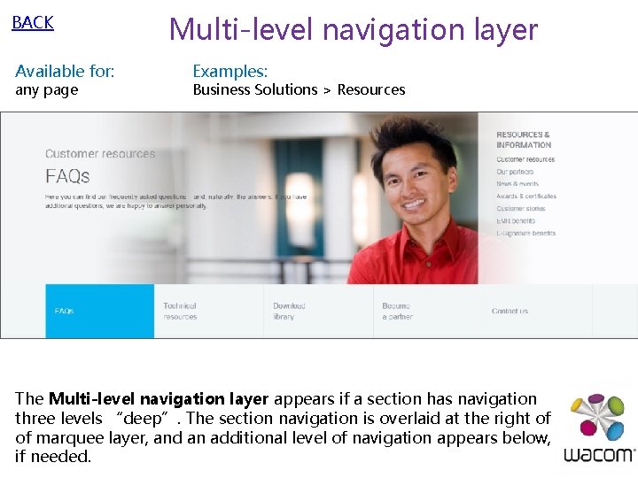 BACK Available for: any page Multi-level navigation layer Examples: Business Solutions > Resources The