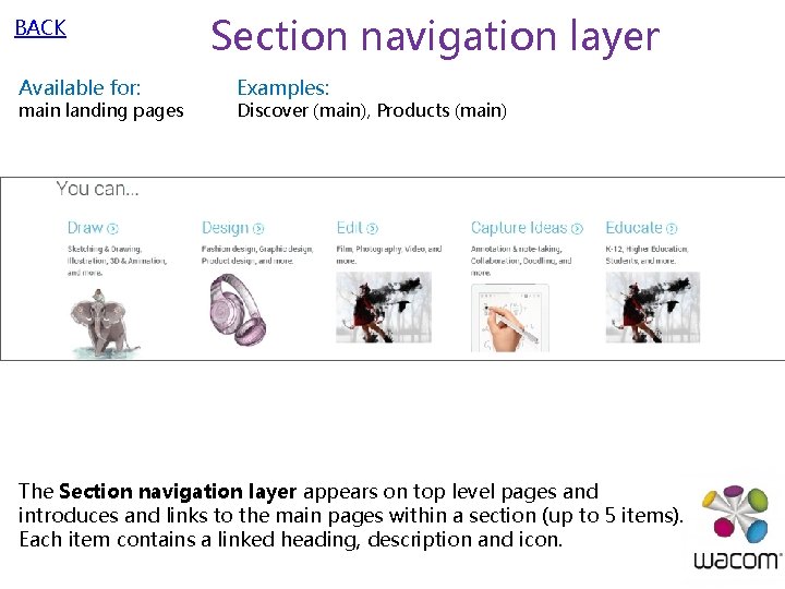 BACK Available for: main landing pages Section navigation layer Examples: Discover (main), Products (main)