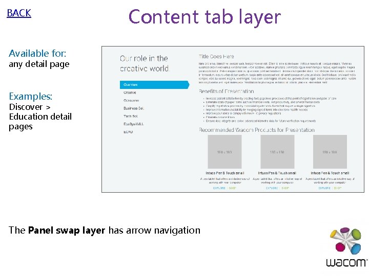 BACK Content tab layer Available for: any detail page Examples: Discover > Education detail