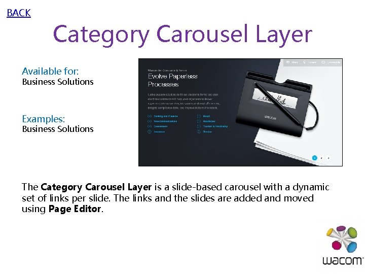 BACK Category Carousel Layer Available for: Business Solutions Examples: Business Solutions The Category Carousel