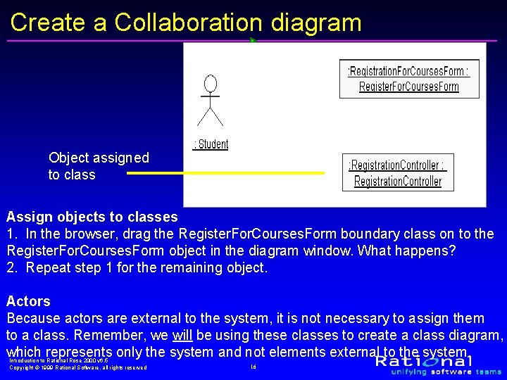 Create a Collaboration diagram Object assigned to class Assign objects to classes 1. In