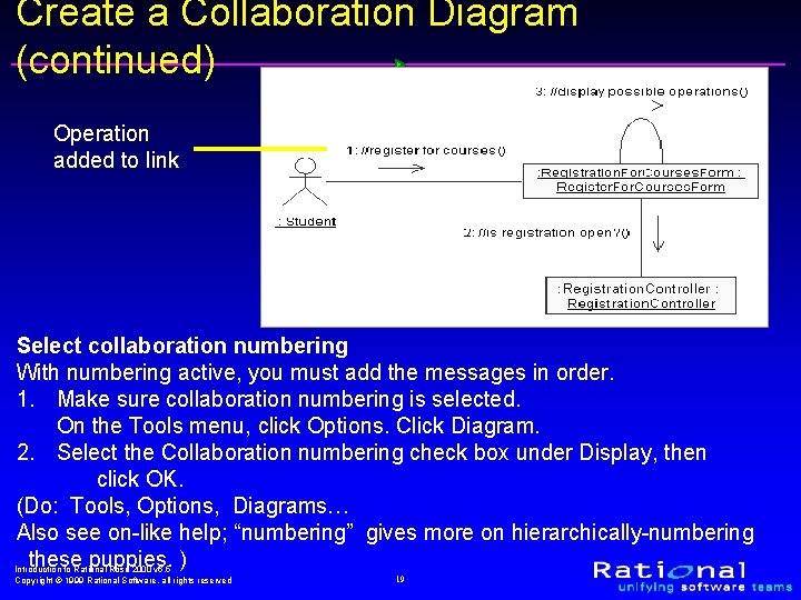 Create a Collaboration Diagram (continued) Operation added to link Select collaboration numbering With numbering