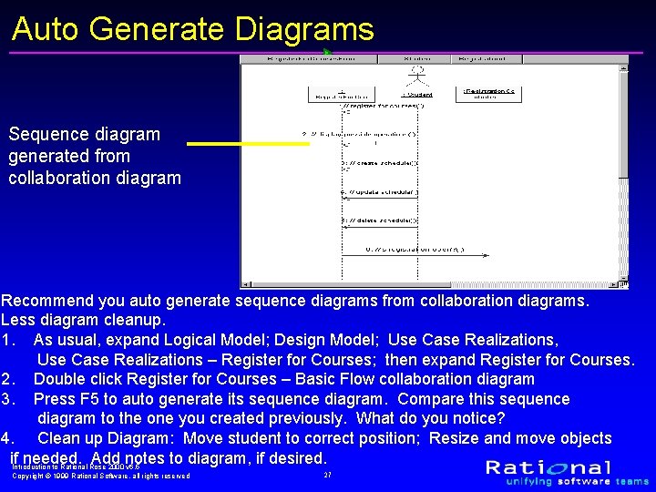 Auto Generate Diagrams Sequence diagram generated from collaboration diagram Recommend you auto generate sequence