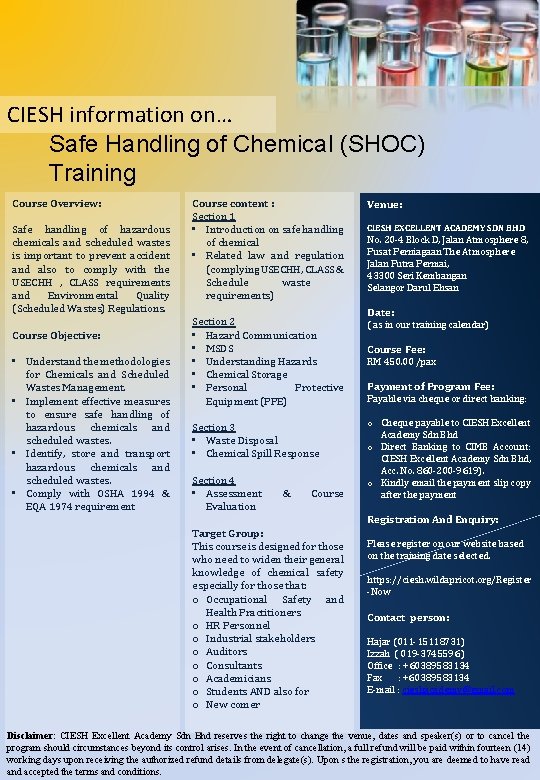 CIESH information on… Safe Handling of Chemical (SHOC) Training Course Overview: Safe handling of