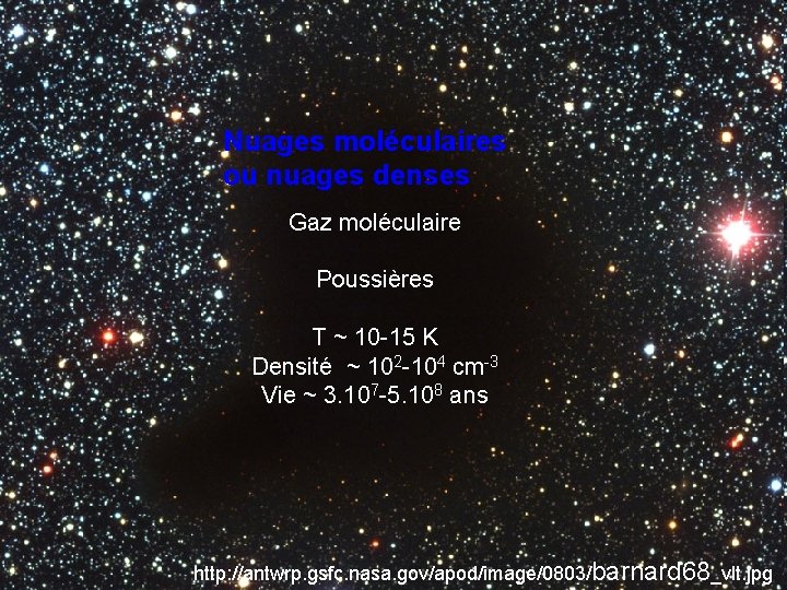 Nuages moléculaires ou nuages denses Gaz moléculaire Poussières T ~ 10 -15 K Densité Nuages moléculaires ou nuages denses Gaz moléculaire Poussières T ~ 10 -15 K Densité