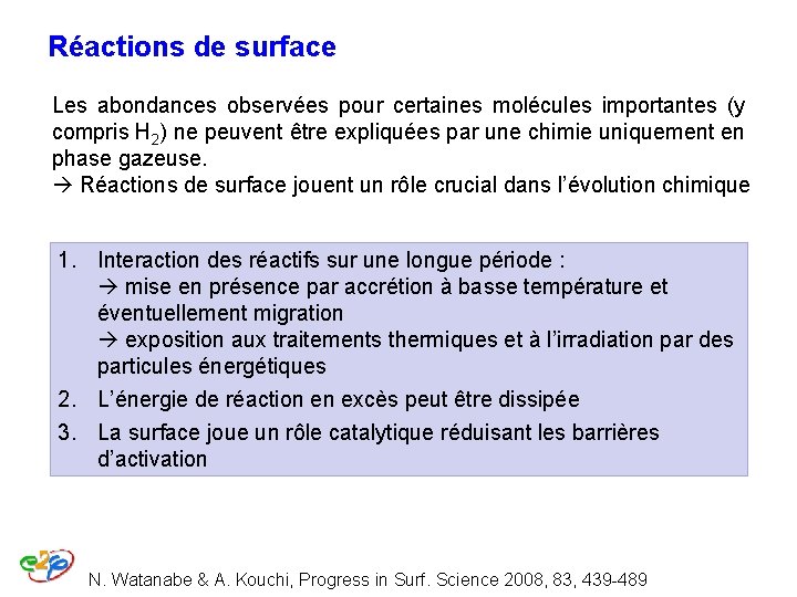 Réactions de surface Les abondances observées pour certaines molécules importantes (y compris H 2) Réactions de surface Les abondances observées pour certaines molécules importantes (y compris H 2)