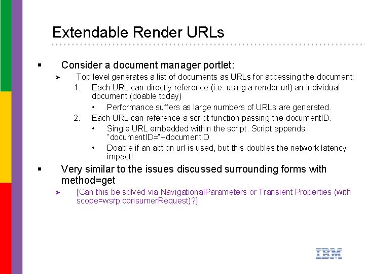 Extendable Render URLs § Consider a document manager portlet: Ø § Top level generates