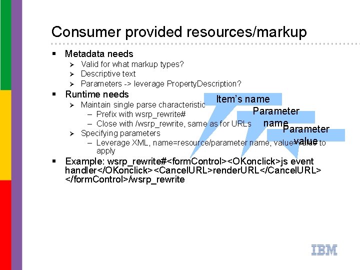 Consumer provided resources/markup § Metadata needs Ø Ø Ø Valid for what markup types?