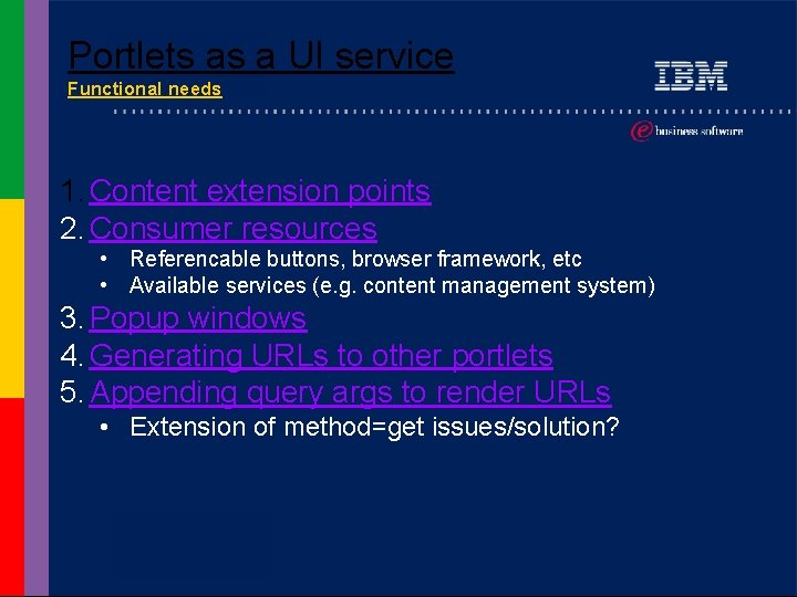 Portlets as a UI service Functional needs 1. Content extension points 2. Consumer resources