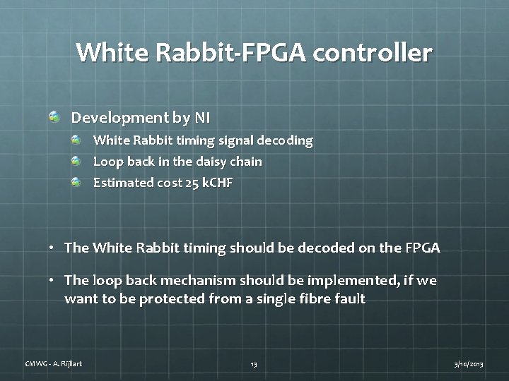 White Rabbit-FPGA controller Development by NI White Rabbit timing signal decoding Loop back in