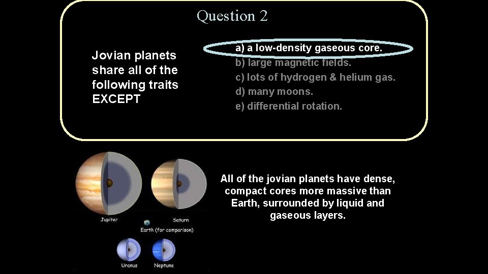 Question 2 Jovian planets share all of the following traits EXCEPT a) a low-density