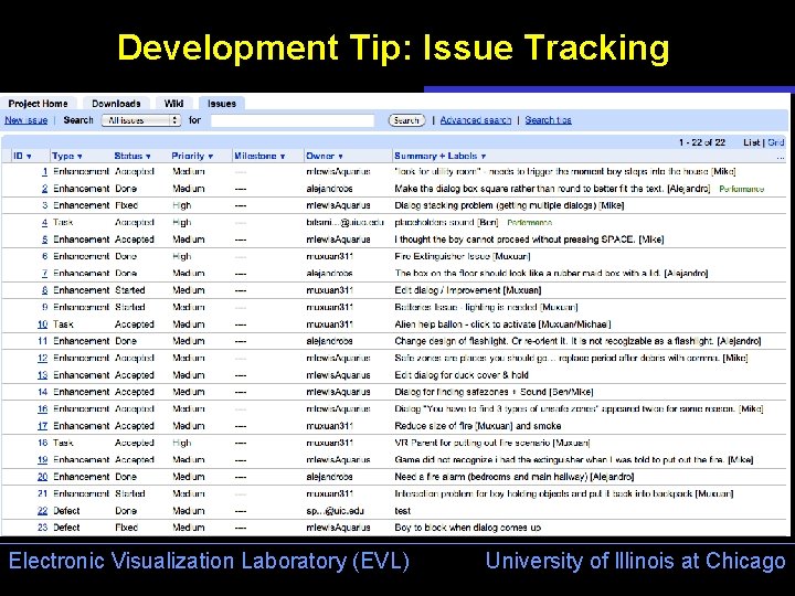 Development Tip: Issue Tracking Electronic Visualization Laboratory (EVL) University of Illinois at Chicago 