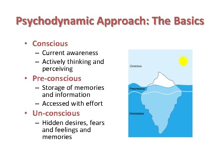 Psychodynamic Approach: The Basics • Conscious – Current awareness – Actively thinking and perceiving