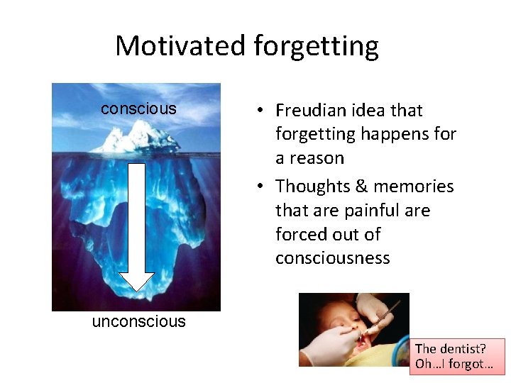 Motivated forgetting conscious • Freudian idea that forgetting happens for a reason • Thoughts