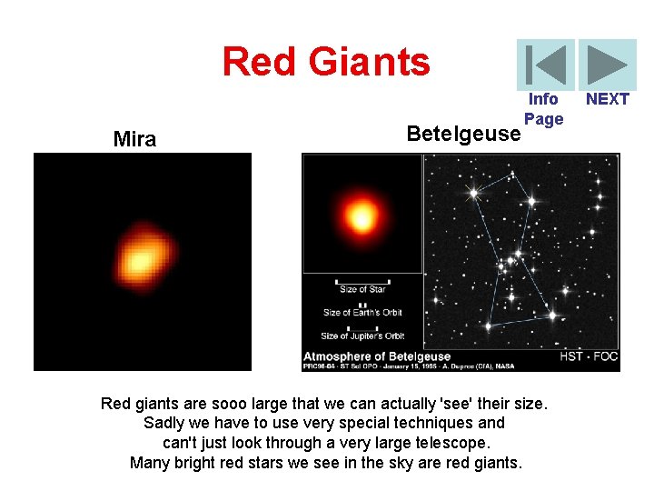 Red Giants Mira Betelgeuse Info Page Red giants are sooo large that we can