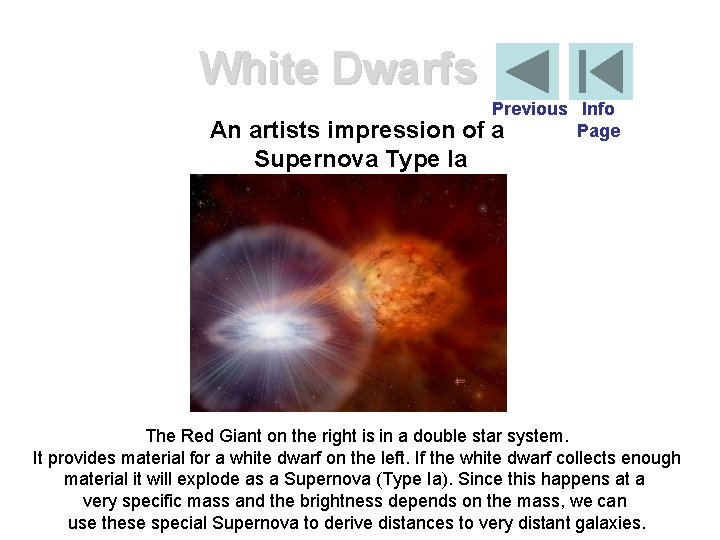 White Dwarfs An artists impression of Supernova Type Ia Previous Info Page a The