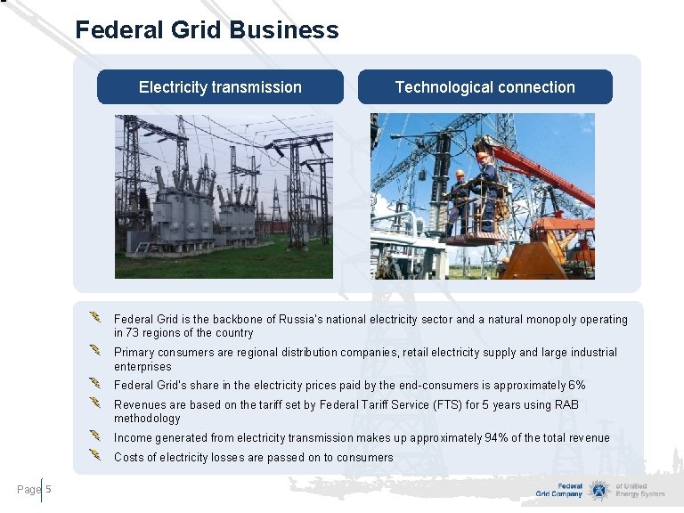 Federal Grid Business Electricity transmission Technological connection Federal Grid is the backbone of Russia’s