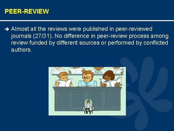 PEER-REVIEW è Almost all the reviews were published in peer-reviewed journals (27/31). No difference