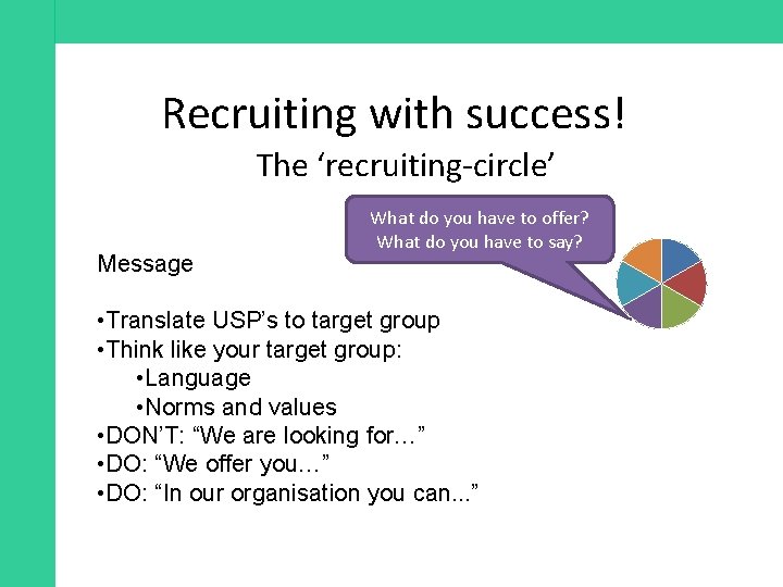 Recruiting with success! The ‘recruiting-circle’ Message What do you have to offer? What do