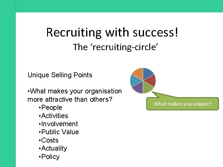 Recruiting with success! The ‘recruiting-circle’ Unique Selling Points • What makes your organisation more