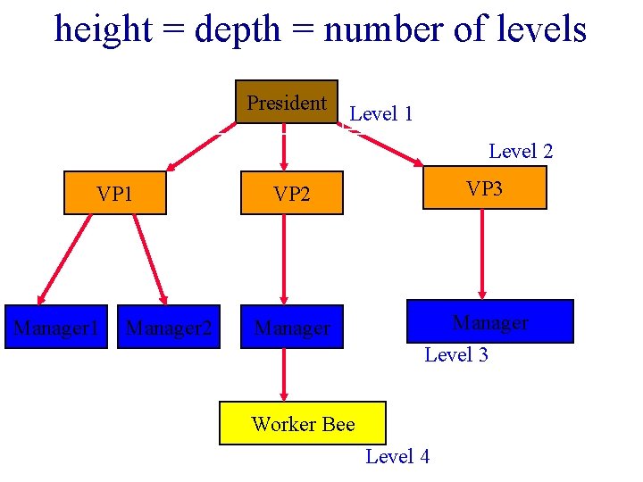 height = depth = number of levels President Level 1 Level 2 VP 1 height = depth = number of levels President Level 1 Level 2 VP 1