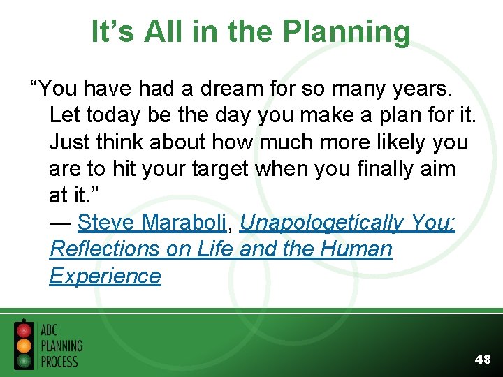 It’s All in the Planning “You have had a dream for so many years.