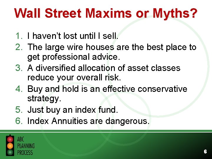 Wall Street Maxims or Myths? 1. I haven’t lost until I sell. 2. The