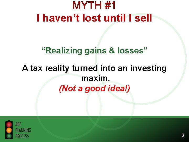 MYTH #1 I haven’t lost until I sell “Realizing gains & losses” A tax