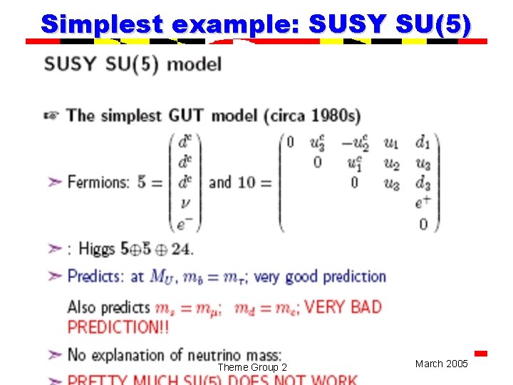 Simplest example: SUSY SU(5) Theme Group 2 March 2005 
