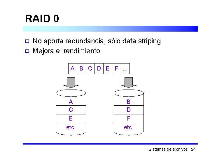 RAID 0 q q No aporta redundancia, sólo data striping Mejora el rendimiento A
