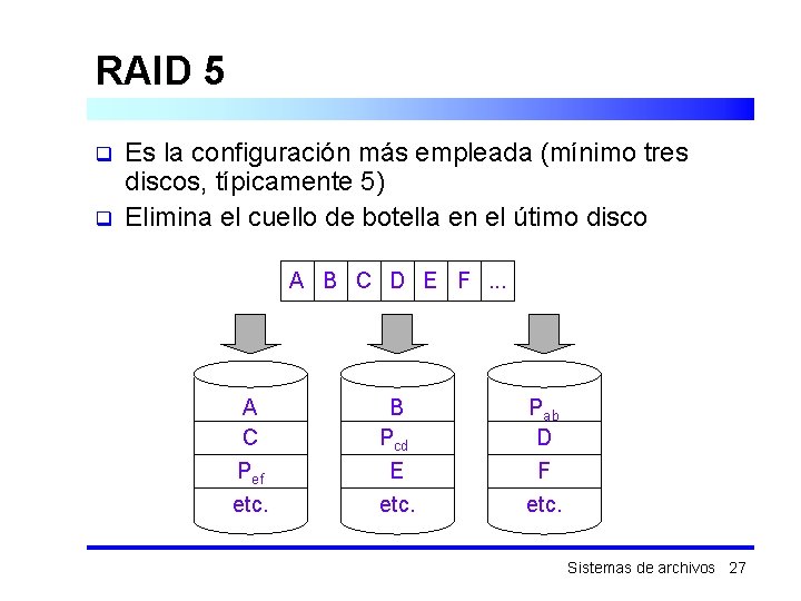 RAID 5 q q Es la configuración más empleada (mínimo tres discos, típicamente 5)