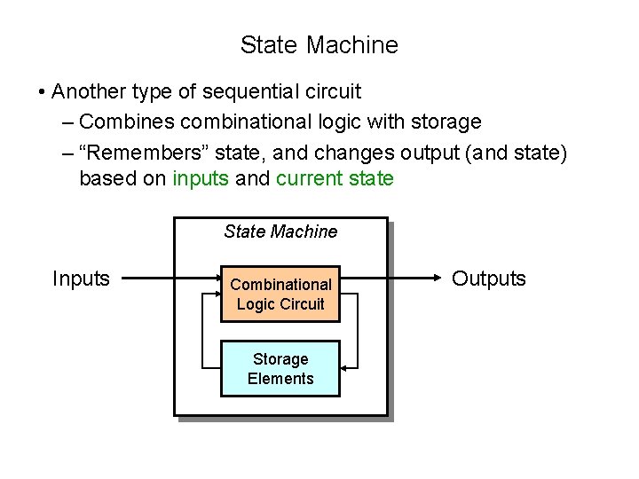 State Machine • Another type of sequential circuit – Combines combinational logic with storage